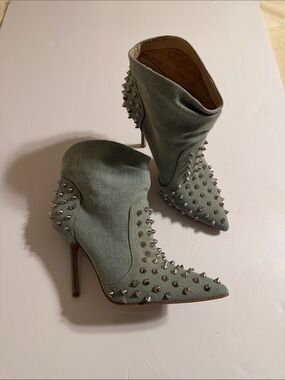KG Kurt Geiger Wild Studded Blue Denim Pointed Toe Ankle Boots